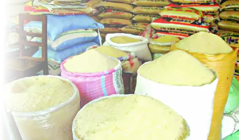 Rice and grains displayed in sacks