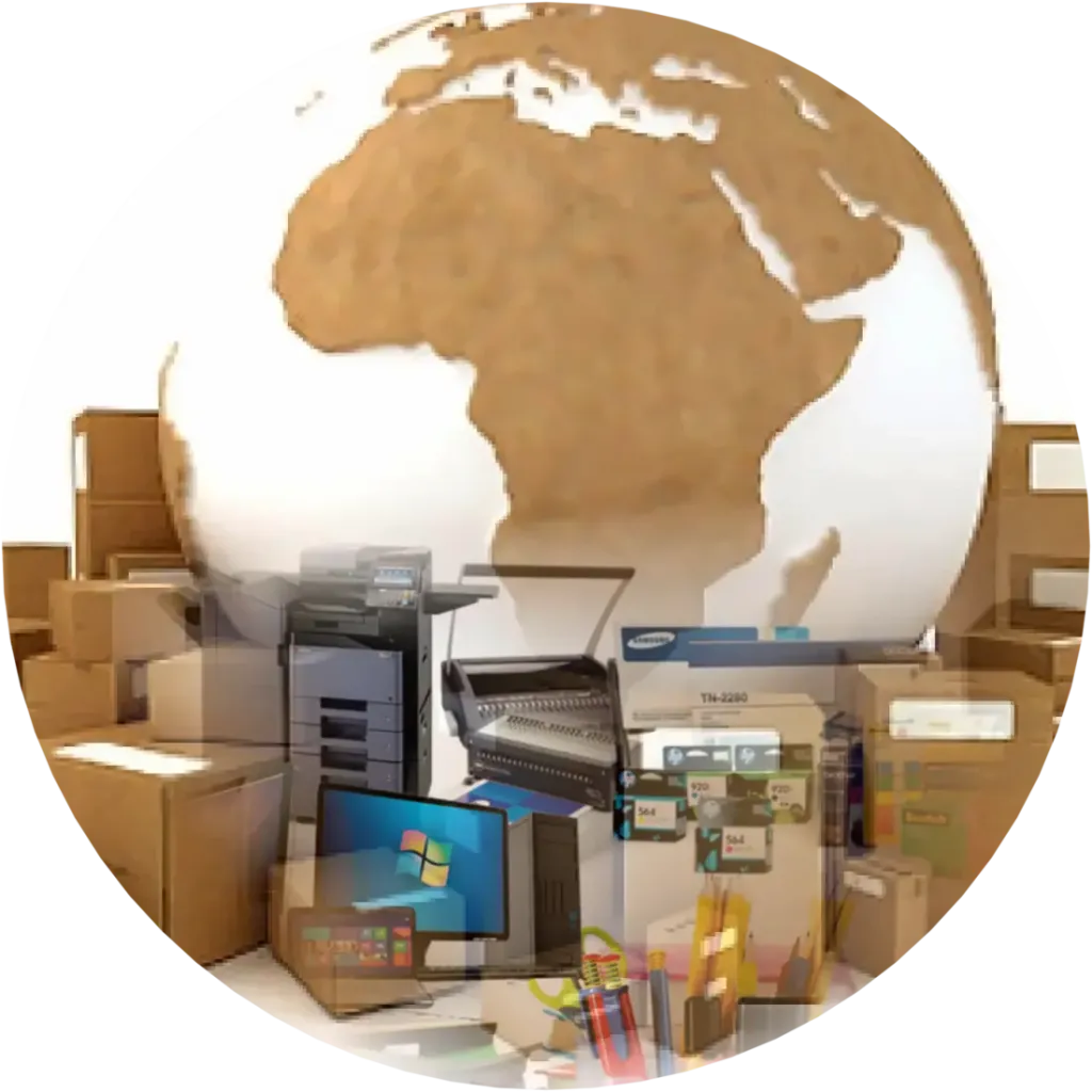 Globe surrounded by office supplies and delivery boxes