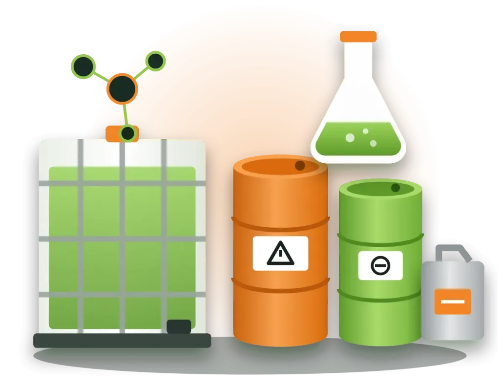 Illustration of chemical drums, IBC tote, jerrycan and laboratory flask