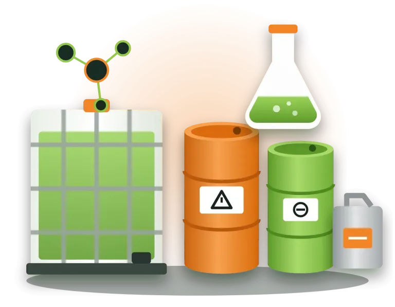 Illustration of chemical drums, IBC tote, jerrycan and laboratory flask