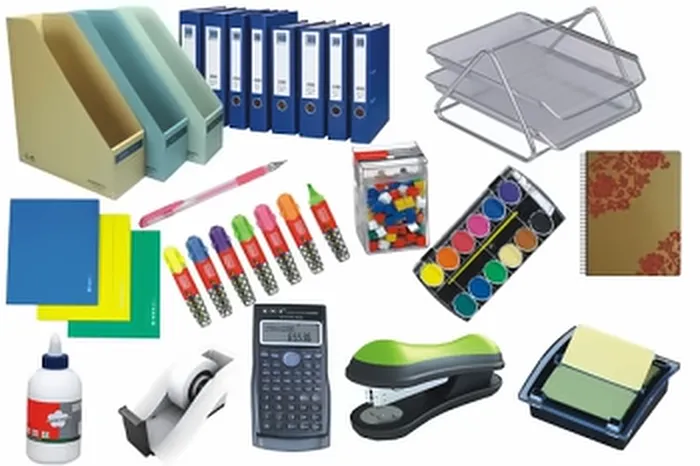 Assorted office stationery: box files, trays, sticky notes, staplers and calculators