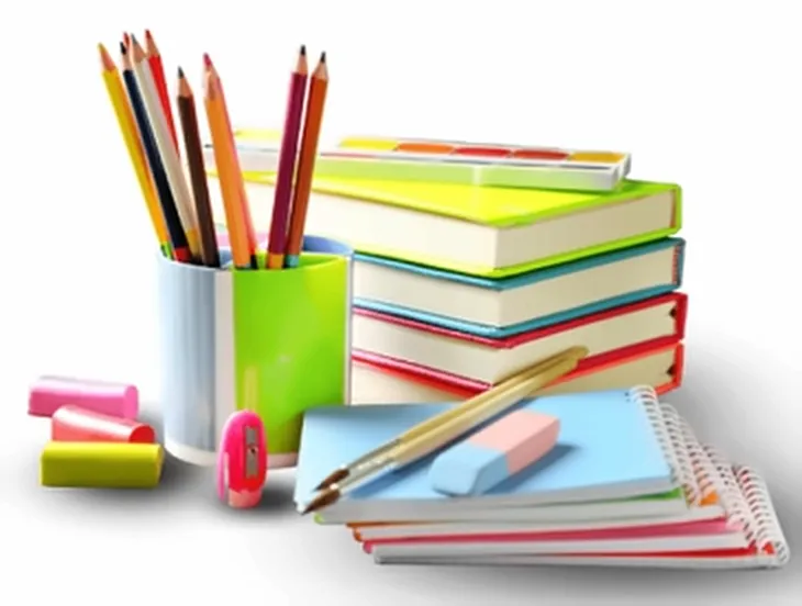 Colour pencils, crayons and exercise books